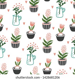 Cute Flowers in pots on white background. House plants. Seamless background pattern. Vector illustration for textile print, wallpaper, wrapping paper. 