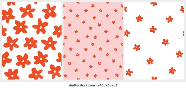 Cute Flowers Print. Seamless Vector Pattern with Hand Drawn Blooming  Flowers. Infantile Style Ditsy Print. Abstract Garden. Floral Wallpaper. Tiny Red Flowers Isolated on a White and Pink Background.