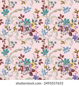 Cute flowers in purple, blue, pink tones, hand drawn, seamless, on a pink-white line background, designed for fabric, fashion, textiles, wallpaper, gift wrapping paper.