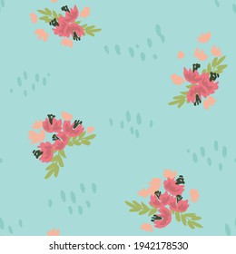 Flores cortas esparcidas con textura de lluvia en una paleta de colores vivos rosa, verde y azul. Patrón vectorial sin costuras floral pintado. Excelente para la decoración, tela, papel pintado, envoltura de regalo, papelería, etc.