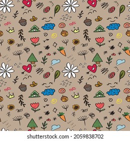 Cute flowers seamless design with botany elements for fabric backgrounds.