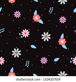Cute flowers seamless pattern on black background vector