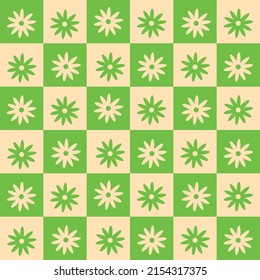 Cute flowers seamless pattern on green and light cream checkerboards. For textile , home décor and stationary  