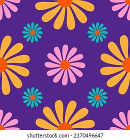 Cute flowers seamless pattern on a purple background. Hippy floral ornament in 1970s flat cartoon style. Can be used as a wallpaper, wrapping paper, textile print etc.