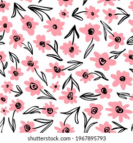 Cute Flowers Seamless Pattern. Pink and Black Doodled Botany Elements All Over Print on White Background.