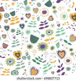 Cute flowers seamless pattern. Vector illustration of colorful flowers on white background