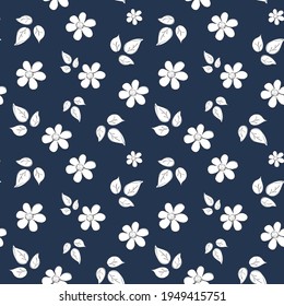 Cute flowers, seamless vector pattern. Abstract flowers and leaves freehand print. Cute abstract repeatable design for fabrics.