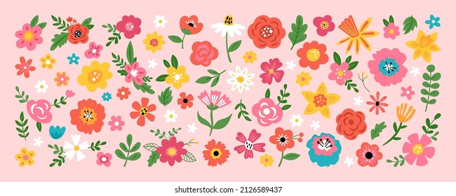 Frische Blumen für die Osterferien- und Frühlingsdekoration. Childischer Druck für Karten, Aufkleber, Banner und Einladungen