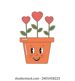 Cute flowers in shape of heart in smiling pot in retro groovy style. Smiling hippie romantic plants for Valentine day. Illustration for cards, T-shorts, cups.