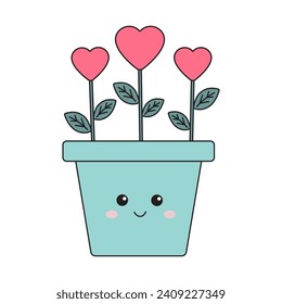 Cute flowers in shape of heart in smiling pot in retro groovy style. Smiling romantic flowerpot with flowers in shape of hearts for Valentine day, White day in kawaii style.