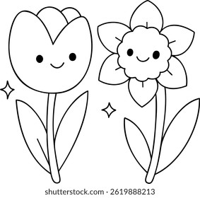 A Cute flowers with smiling faces, perfect for springtime coloring activities