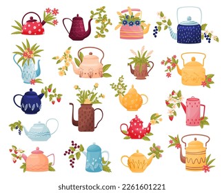 Flores ricas en tetera. Flores florecientes, bayas y hierbas en hervidor para decoración interior cartografía ilustración vectorial