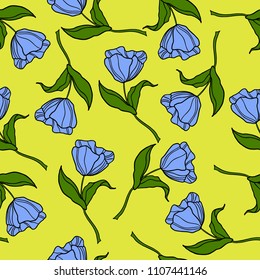 Cute flowers tulip seamless pattern on yellow background for your design. Vector.