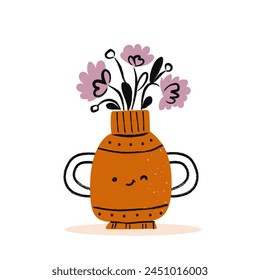 Cute flowers in a vase with doodle kawaii face. Textured hand drawn isolated flowers