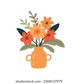 Cute flowers in a vase. Hand drawn vector illustration in cartoon style.