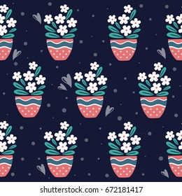 Cute Flowers in vases. House plants. Seamless background pattern. Cartoon illustration.