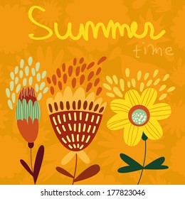 Cute  flowers in vector. Stylish floral card. Summer background in bright colors.