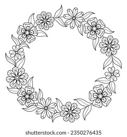 Cute flowers wreath hand drawn for adult coloring book