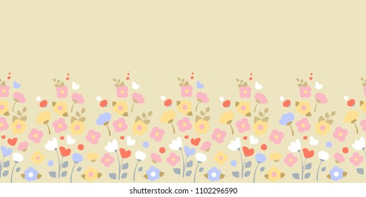 Cute flowery pattern. Floral border for design background, cover, card, fabric, wallpaper, wrapping, tape, ribbon. Delicate baby flowers.