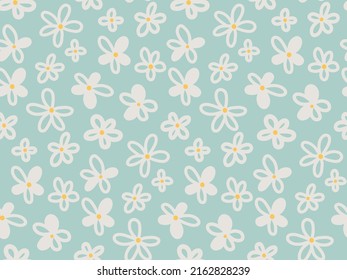 Cute flowery seamless pattern with camomile, daisy flower on light green background. Sweet romantic simple floral vector backdrop, wallpaper