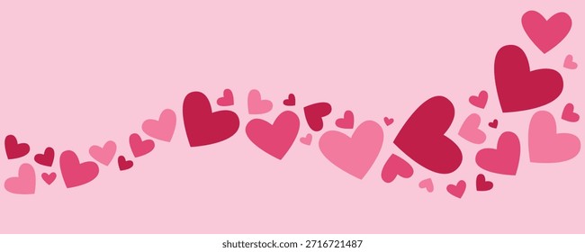 Lindo borde de corazones que fluyen sobre fondo rosa suave. Romántica ola de amor hecha de Formas de corazón para tarjetas de San Valentín, Anuncios y diseños de redes sociales. Ilustración vectorial plana.