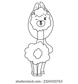 Cute fluffy alpaca with headphones in contour line for coloring