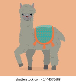 Cute fluffy alpaca on an orange background. Vector image