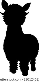 Cute fluffy baby alpaca llama silhouette isolated on white background. Vector animal outline.