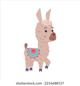 Cute fluffy baby llama. Alpaca domesticated animal. Childish print for sticker, card, textile, nursery decor vector illustration