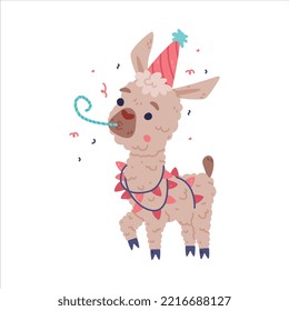 Cute fluffy baby llama wearing party hat blowing whistle. Alpaca character domesticated animal cartoon vector illustration