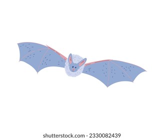 Cute fluffy bat flying, cartoon flat vector illustration isolated on white background. Hand drawn wild animal. Halloween holiday decoration for kids.