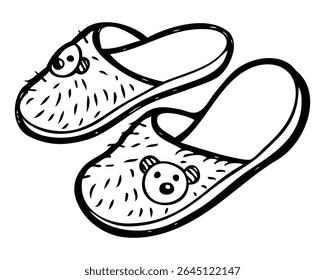 Cute fluffy bear face slippers in black and white line art vector illustration
