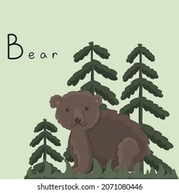 Cute fluffy bear in the forest on green grass. Letter B from the alphabet. Cute baby animal illustration.