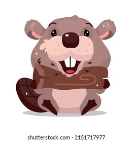 Cute fluffy beaver gnawing wood semi flat color vector character. Soft toy. Posing figure. Full body animal on white. Simple cartoon style illustration for web graphic design and animation