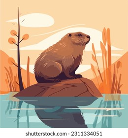 Cute fluffy beaver gnawing wood semi flat color vector character. Soft toy. Posing figure. Full body animal on white. Simple cartoon style illustration for web graphic design and animation