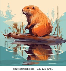 Cute fluffy beaver gnawing wood semi flat color vector character. Soft toy. Posing figure. Full body animal on white. Simple cartoon style illustration for web graphic design and animation