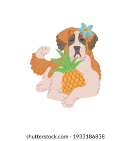 Caricatura de gran perro con piña en garras, ilustración vectorial plana aislada en fondo blanco. Personaje de Doggie para el diseño de verano.