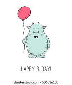 Cute fluffy blue monster with butterfly tie with pink balloon on white background. Happy Birthday card. - Vector