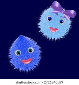 Cute fluffy blue monster faces with big eyes and smiles, one wearing a purple bow — perfect for kids’ designs, stickers, or playful branding.