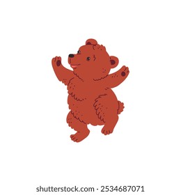 Cute fluffy brown bear dancing and smiling. Cartoon funny bear have fun on disco party. Music wild animal entertainment. Vector flat happy mammal character illustration isolated on white