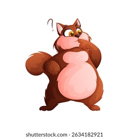Um bonitinho, fofo, marrom e rosa esquilo personagem de desenho animado, de pé e pensando com um ponto de interrogação acima de sua cabeça, contra um fundo branco.