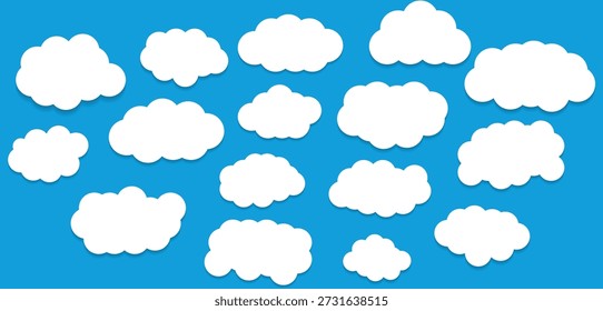 Cute fluffy, bubbly clouds collection. White cloud and blue sky set. Cartoon clouds in flat design. Icons vector illustration. 