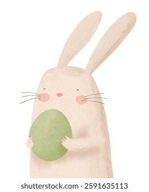 Cute Fluffy Bunny Holding Big Green Egg. Hand Drawn Vector Card With Beige Bunny And Easter Egg. Greeting Card For Spring Holidays. Happy Rabbit on a White Background. RGB Colors. No text.