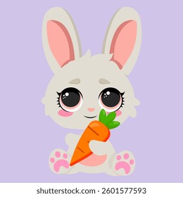 Cute fluffy bunny holding a fresh carrot on a soft pastel background. Perfect for kids prints, greeting cards, nursery art, baby shower invitations, Easter designs, and adorable decorations
