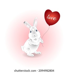 Cute fluffy bunny holding a heart-shaped balloon. The word love on the red ball. Vector illustration for greeting card, poster, or print.