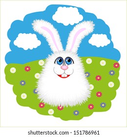 Cute fluffy bunny in the meadow, vector 