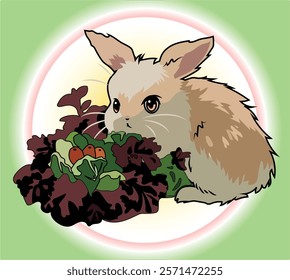 A cute and fluffy bunny sits near cauliflower