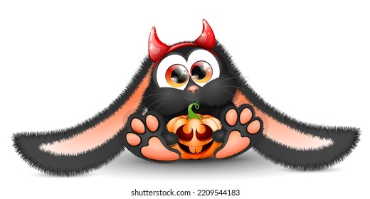 Cute Fluffy Cartoon Black Bunny In Devil Halloween Horns Headband And Funny Pumpkin In His Paws 