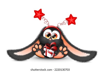 Cute fluffy cartoon black bunny in red star headband and fgift box in his paws 