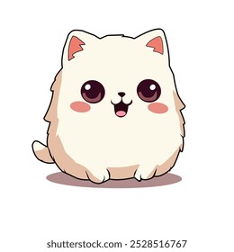 Gato de dibujos animados mullido lindo con grandes ojos redondos y una expresión feliz. Adorable ilustración al estilo kawaii de un gatito gordito de color crema con mejillas rosadas, perfecto para productos y diseños infantiles.